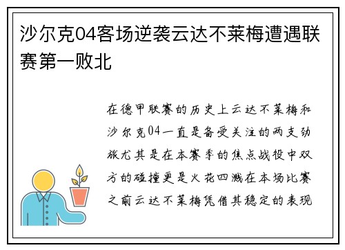 沙尔克04客场逆袭云达不莱梅遭遇联赛第一败北