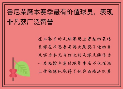 鲁尼荣膺本赛季最有价值球员，表现非凡获广泛赞誉